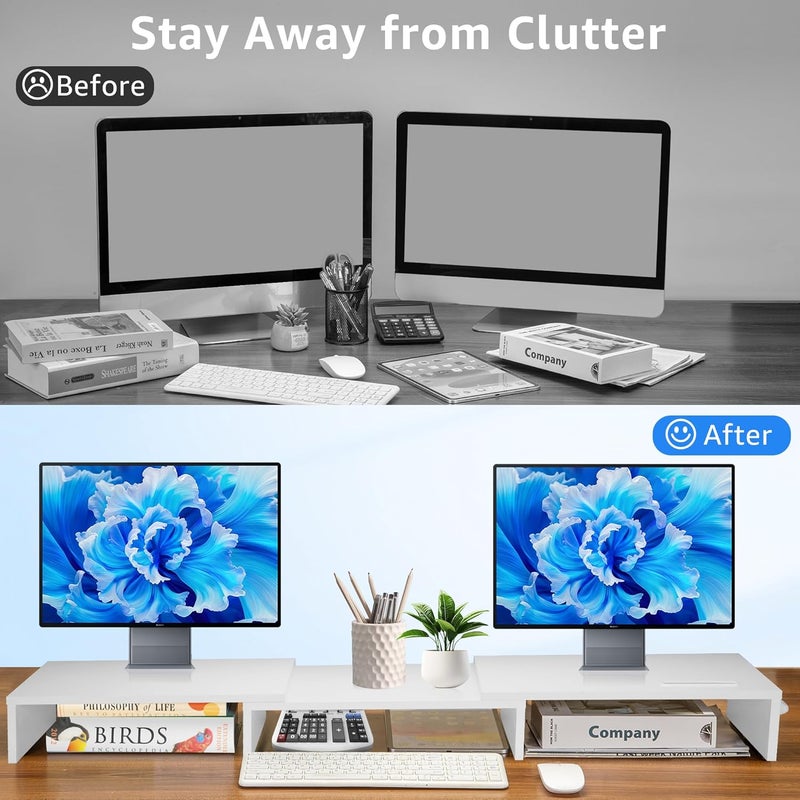La Jaco Dual Monitor Stand Riser for 2 Monitors, Monitor Stand for Desk, Adjustable Length & Swivel Angle Wooden Desktop Organizer Stand Riser with Smartphone Holder for PC Monitor Laptop, White - Image 2